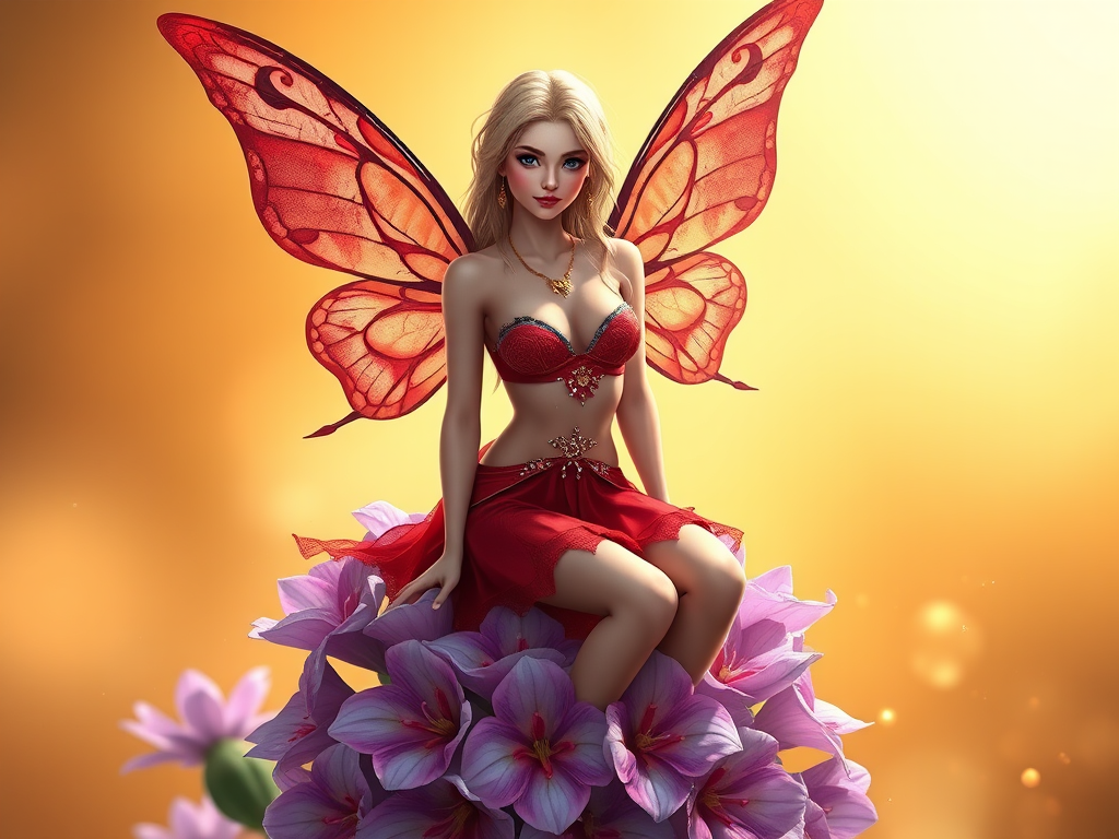 A digital artwork features a winged fairy with delicate Scarlet butterfly wings, adorned with intricate Steel and Forest patterns. She is seated on a vibrant Lilac flower, wearing a revealing red two-piece outfit with sparkling beadwork. Her fair skin, long blonde hair, and gold jewelry add to her ethereal appearance. The background is a warm, golden gradient, creating a magical atmosphere. Small glowing orbs and sparkles surround the flower, enhancing the enchanting, highly detailed, and realistic scene.