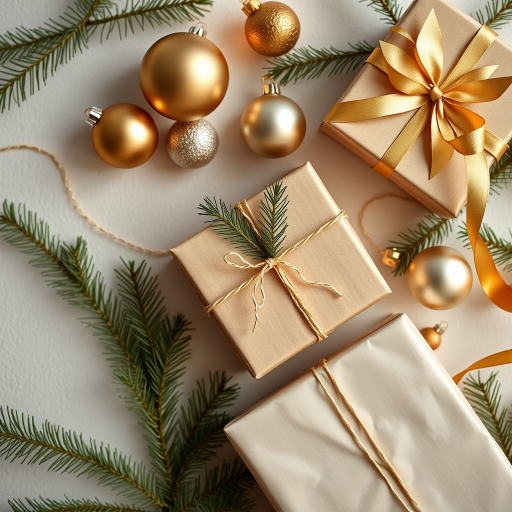 Generate a festive flat lay image featuring gold and silver Christmas ornaments and a wrapped gift, using a 50mm lens, aperture f/2.8, ISO 100, with natural soft light for a warm and inviting atmosphere, shot from a top-down view.
