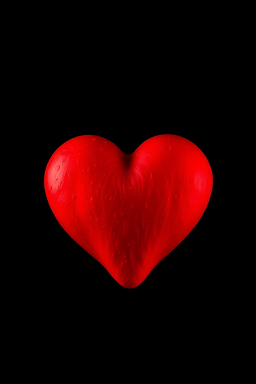 Create a vibrant red heart on a black background with a Canon EOS R, 50mm lens, aperture f/2.8, ISO 100, using a shallow depth of field for a smooth bokeh effect.