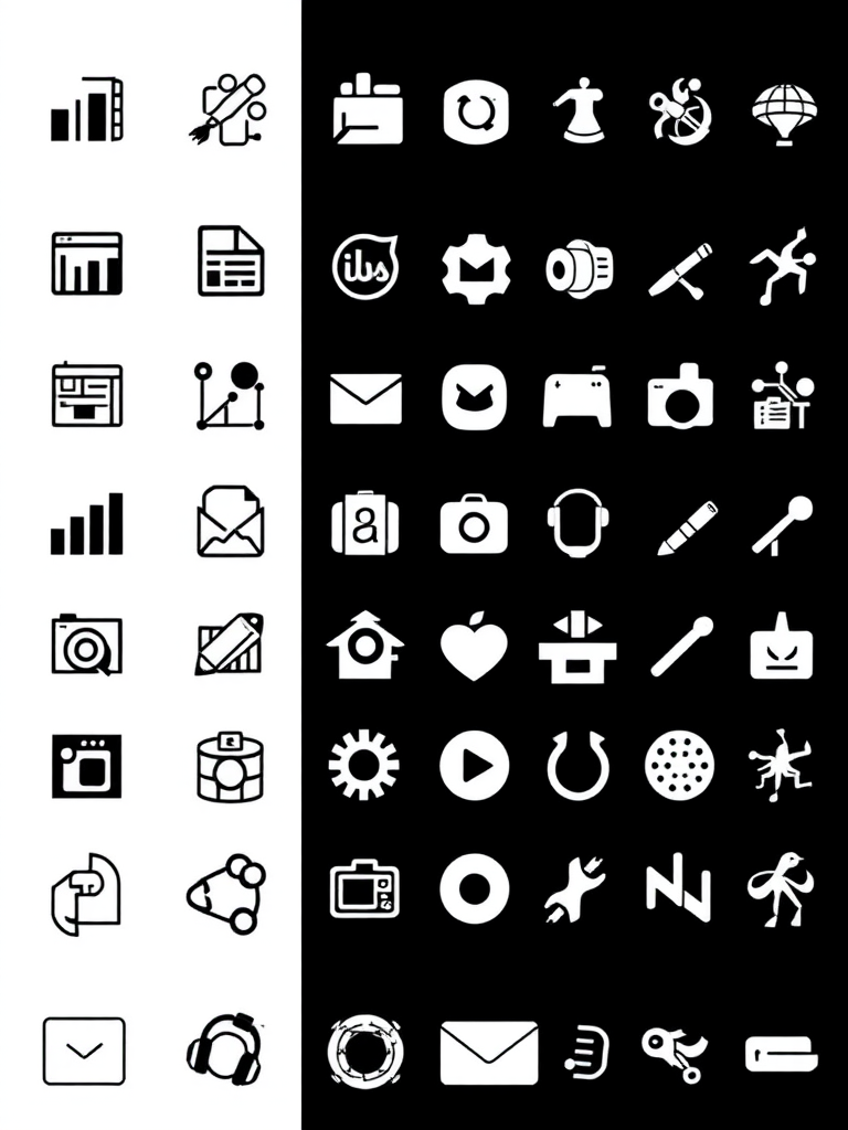 Generate an image of a grid layout featuring various simple black and white icons, including symbols like charts, email, gears, and musical instruments, with a DSLR camera at 50mm focal length, f/8 aperture, ISO 100, and natural light for enhanced clarity and detail.