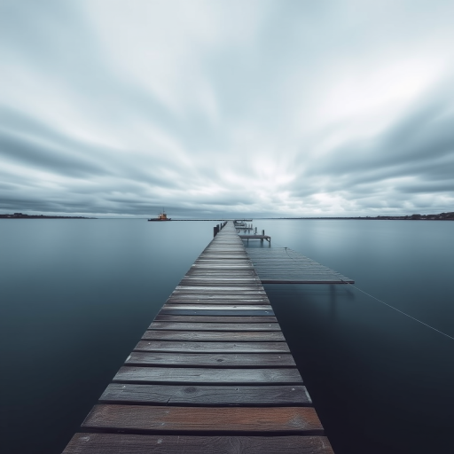 Wide-angle shot of a wooden pier extending into a calm harbor with blurred clouds above, taken with a Canon EOS R5, f/8 aperture, ISO 100, 15-second exposure for long exposure effect, enhanced color contrast and sharpened details.