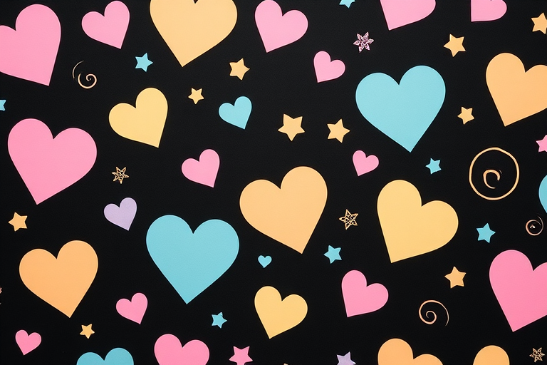 create a pastel-colored pattern with hearts, stars, and swirls on a black background, using a Canon EOS R5 camera, aperture f/4, shutter speed 1/125, ISO 200, top-down view, soft focus style to enhance image quality.