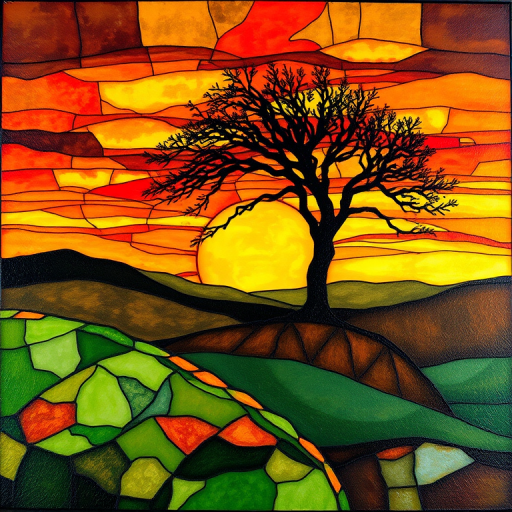 A vibrant abstract painting on Tiffany Glass, blending acrylic and alcohol ink techniques, captures a dramatic sunset over rolling hills. The artwork features a textured, rocky foreground in green and brown, layered abstract hills, and a striking sunset in rich oranges, yellows, and reds. A solitary black tree with intricate branches contrasts against the fiery sky, creating a dynamic and expressive portrayal of a breathtaking natural scene.