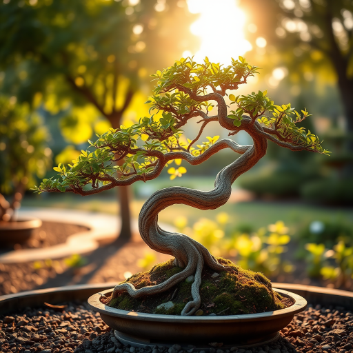 Capture a beautifully twisted bonsai tree in a serene garden setting, with warm sunlight filtering through the leaves, using a Canon EOS R5 camera, 50mm lens, f/1.8 aperture, ISO 100, and a shallow depth of field for a soft background blur.