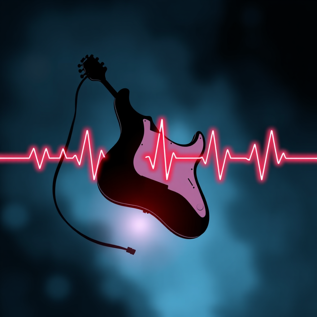 Create an illustration of an electric guitar silhouette integrated with a heartbeat line, using a high-resolution digital design style, captured with a DSLR camera at f/2.8, 50mm lens, ISO 100, with soft focus background for enhanced quality.