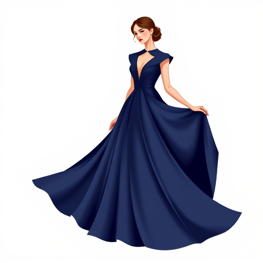 Create a high-resolution digital illustration of a woman wearing a long navy blue evening gown with a dramatic collar, positioned against a clean white background, using a Canon EOS R5 camera with a 50mm lens, aperture set to f/1.8, ISO 100, in portrait mode to capture fine details and enhance colors.