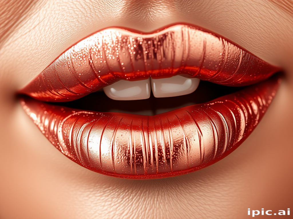Shimmering rose gold lips glisten with metallic sheen, reflecting light in a mesmerizing display of luxury and sophistication, perfect for glamorous close-up shots