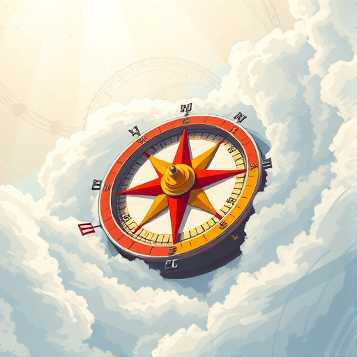 high-resolution digital illustration of a compass at a dramatic angle, with a vibrant red and yellow design and dynamic clouds swirling around, using a DSLR camera with a 50mm lens, aperture f/2.8, ISO 100, shot in natural lighting, focus on details and textures for enhanced clarity