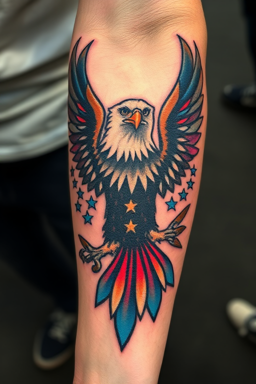Bold American traditional eagle on forearm, vivid red and blue accents, sharp black outlines, classic styling with modern twist in coloration