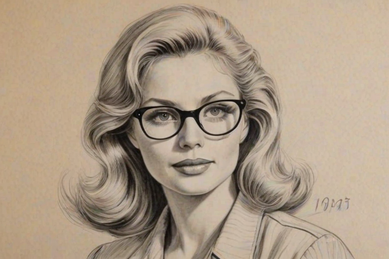Attractive Cindy Morgan, pencil sketch, portrait of Splendid woman 1946s in glasses, hair style beatnik, outline, clear lines, fine lines, 8k