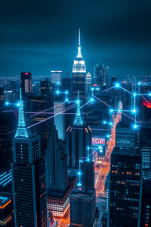 Create a futuristic cityscape with digital elements, showcasing skyscrapers illuminated at night, interconnected by glowing network lines and data streams, using a DSLR camera, ISO 100, f/8 aperture, 24mm lens, shot in a long exposure style for enhanced clarity and depth.