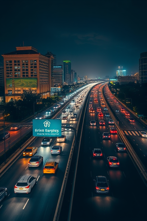 night cityscape of a busy highway with cars and buildings, shot with a DSLR camera at f/2.8, 1/60s, ISO 400, using a wide-angle lens from an elevated viewpoint for enhanced detail and clarity.