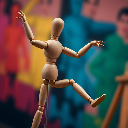 Create a high-resolution image of a wooden artist mannequin in a dynamic pose with a blurred colorful background, use a DSLR camera with a 50mm lens, aperture set to f/2.8, ISO 100, shutter speed 1/200s, and a slight angle from below for an interesting perspective.