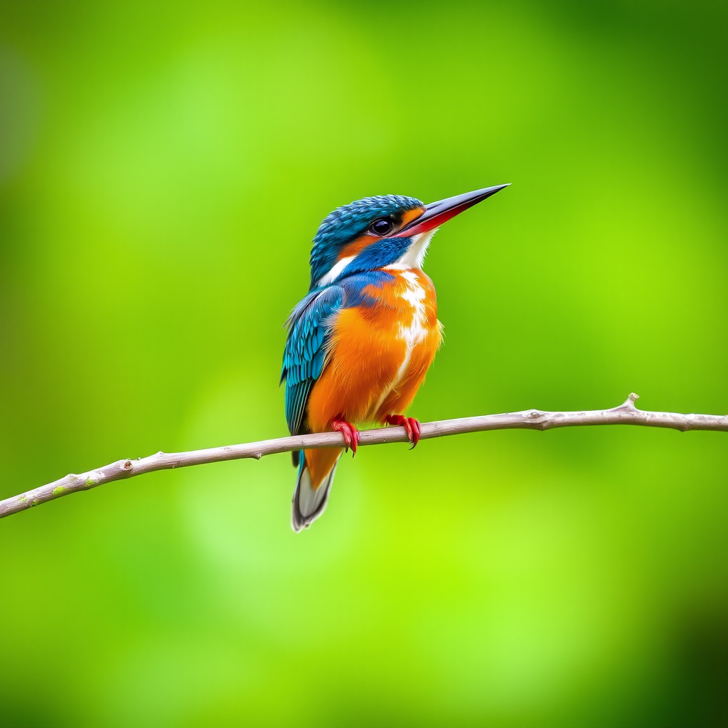 a vibrant kingfisher perched on a thin branch with a blurred green background