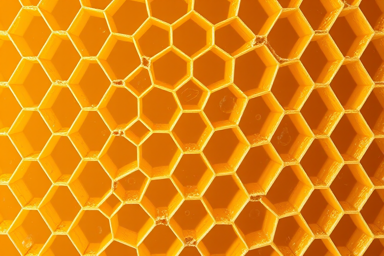 Create a high-resolution image of a honeycomb pattern with a transparent background using a DSLR camera with a 50mm lens at f/2.8, ISO 100, and a shallow depth of field, capturing top-down view to emphasize the hexagonal shapes and textures.