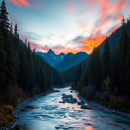 Generate a serene landscape featuring a river flowing through a forested valley under a twilight sky, with mountains in the background, shot with a DSLR camera at ISO 100, f/11, 1/125 sec, wide-angle view, capturing vibrant colors and deep shadows for enhanced image quality.