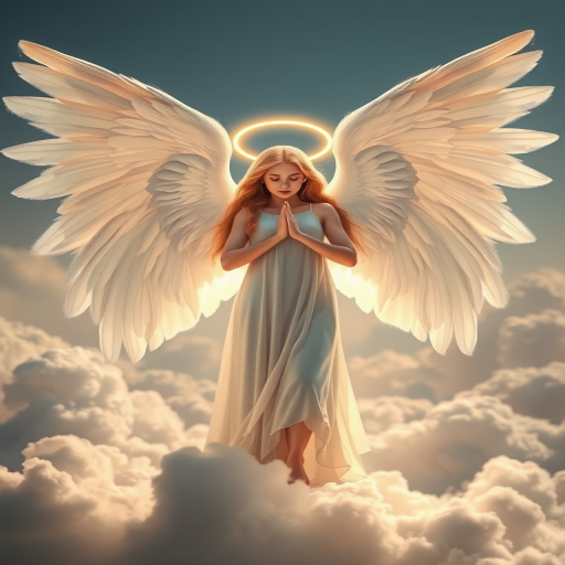 High-resolution image of a majestic angel with large white wings and a halo, standing on clouds with a serene expression, captured with a Canon EOS R5 at f/1.8, ISO 100, 50mm lens, soft focus, backlighting for ethereal glow.