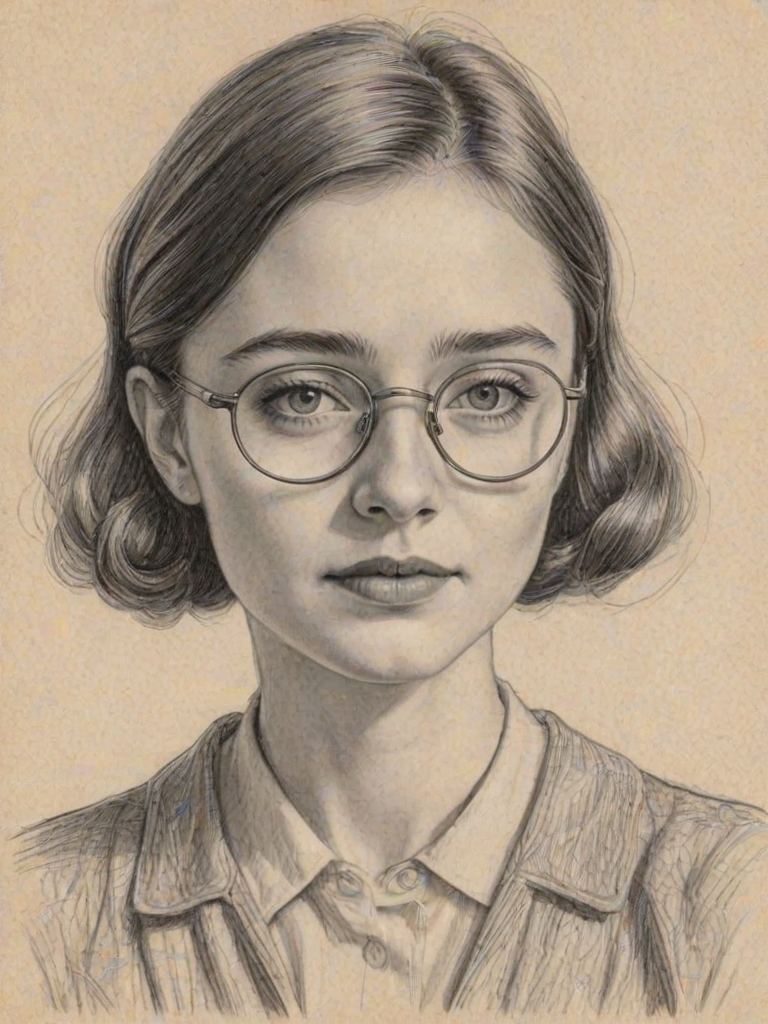 Fetching Jessica Barden, pencil sketch, portrait of Enchanting woman 1930s in glasses, hair style beatnik, outline, clear lines, fine lines, 8k