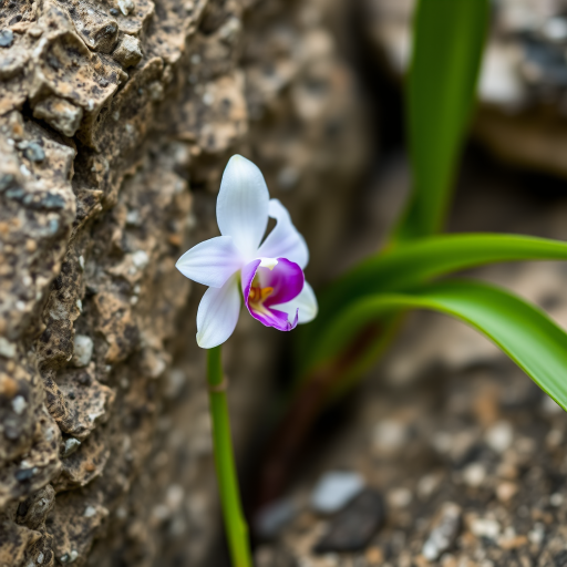 Close-up shot of a white and purple orchid blooming beside textured rocks, using a 50mm f/1.8 lens at ISO 100, aperture f/2.8, 1/200 sec shutter speed, natural light, DSLR camera, shallow depth of field for enhanced detail and background blur.