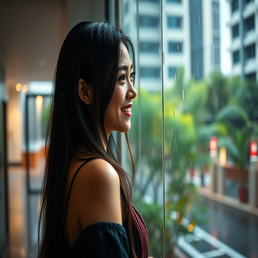 Create an image of a young woman with long dark hair standing in a rainy urban setting, smiling softly while looking out a window, capturing soft natural lighting, depth of field, and vibrant greenery in the background; use a Canon EOS R5, 50mm lens, f/1.8 aperture, ISO 200, and a warm color palette for enhanced image quality.