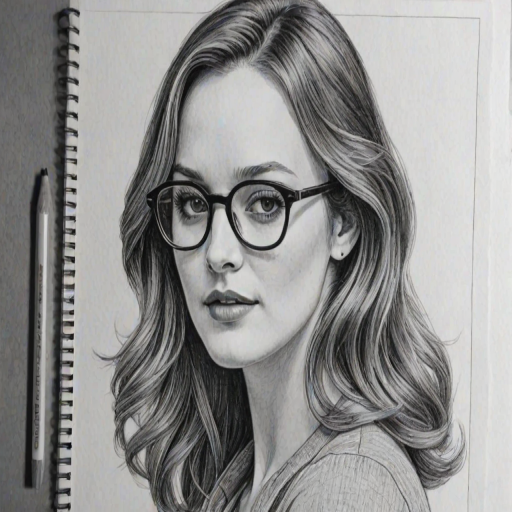 Stunning Leighton Meester, pencil sketch, portrait of Graceful woman 1971s in glasses, hair style beatnik, outline, clear lines, fine lines, 8k