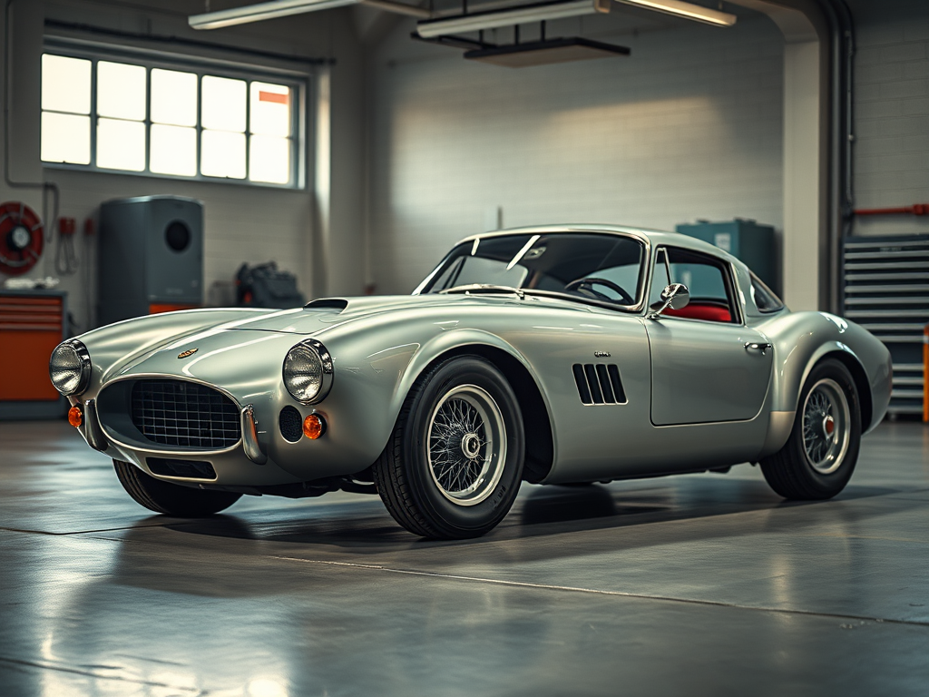 Regenerate a vintage silver sports car parked in a modern garage setting, using a Canon EOS R5 camera with a 50mm lens, aperture f/1.8, ISO 200, and a shallow depth of field for a cinematic effect.
