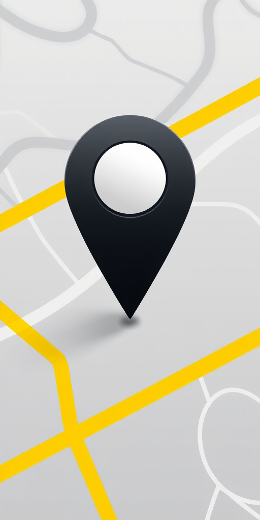 Create an image of a modern location pin icon set against a stylized abstract map background with grey and yellow lines, optimized for a high-resolution digital display, using a DSLR camera with a 50mm lens, aperture set at f/2.8, ISO 100, and shot in natural light for clarity and detail.