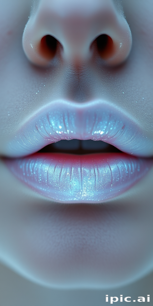 Ethereal pearlescent white lips with opalescent shimmer, otherworldly and captivating, evoking the essence of winter's frosty beauty