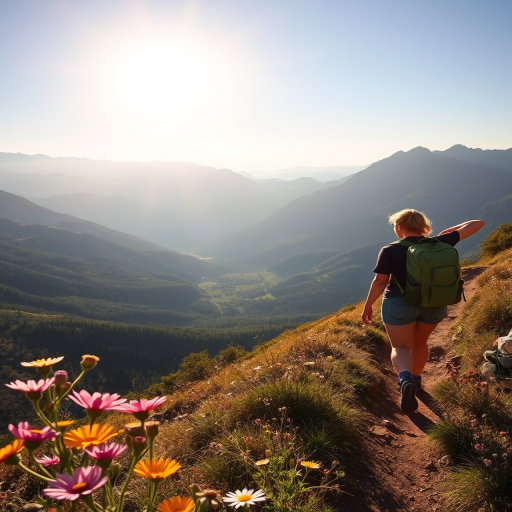 Sunlit mountain valley, with wildflowers blooming in the foreground, a woman hikes along a narrow trail, her backpack slung over her shoulder as she takes in the breathtaking view.