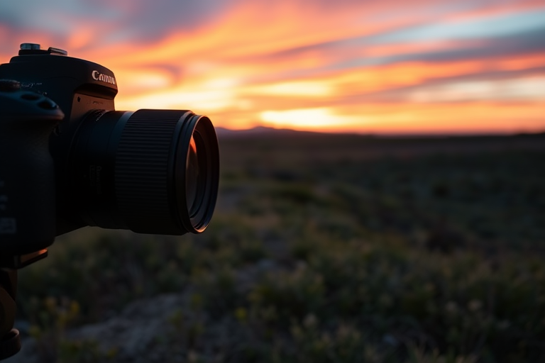 Create a high-resolution image of a serene landscape at sunset with vibrant colors, using a DSLR camera with a 50mm lens, aperture set to f/1.8, ISO 200, shutter speed 1/100s, shot from a low angle to capture foreground details and dramatic sky.
