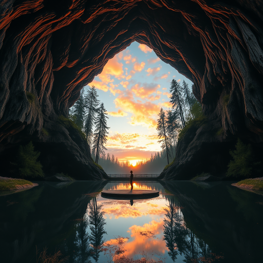 A surreal landscape of a cavern with a figure standing at the entrance, surrounded by towering trees and a vibrant sunset reflecting on a still lake, captured with a Canon EOS R5, 24mm lens, f/8 aperture, ISO 100, and a wide-angle perspective to enhance depth and detail.