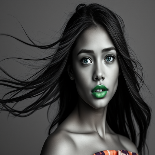 Photographic image of a beautiful young Samoan woman, cyan eyes, lips with green lipstick, long hair fluttering in the wind and wearing a silk strapless dress with a soft purple and orange print. monochrome image with only color highlights in the iris of the eyes, lipstick and dress. Gray background.