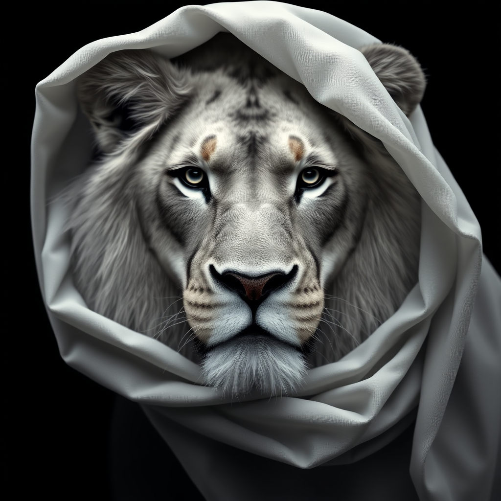 A hyper-realistic digital portrait of an lion with fabric draped over its head. The fabric is sheer and lightweight, allowing the contours of the lion’s face to show through, including its ears, eyes, and nose. The texture of the fabric is smooth and flowing, with delicate folds and creases that suggest softness and movement. The lion’s expression is serene and contemplative. The image focuses on the interplay of light and shadow on the fabric and the lion's face, creating a monochromatic palette of whites and grays. The background is a simple, nondescript dark shade to highlight the subject.