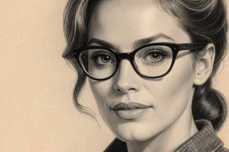 Enticing Amy Jo Johnson, pencil sketch, portrait of Bewitching woman 1962s in glasses, hair style beatnik, outline, clear lines, fine lines, 8k
