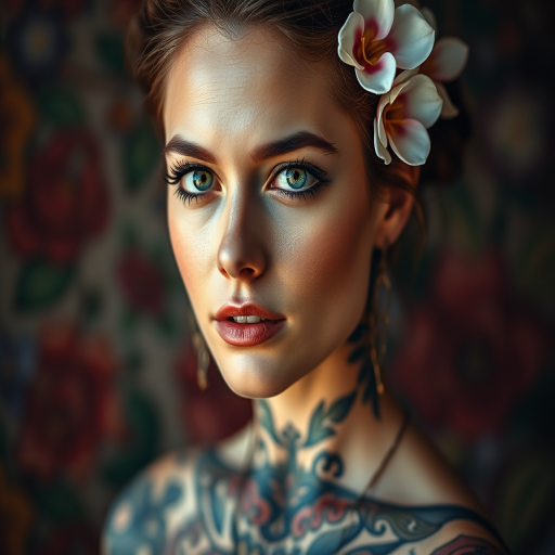 portrait of a woman with intricate tattoos and flowers in her hair, soft diffused lighting, 85mm lens, f/1.8 aperture, ISO 100, taken with a full-frame DSLR, shallow depth of field, vibrant colors and rich textures in the background