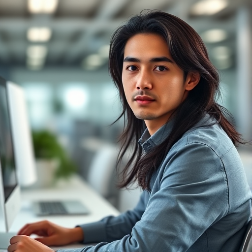 portrait of a young man with long dark hair sitting at a desk with a computer, soft natural lighting, shallow depth of field, 50mm lens, f/1.8, ISO 100, captured in a modern office setting, high-resolution, vibrant colors