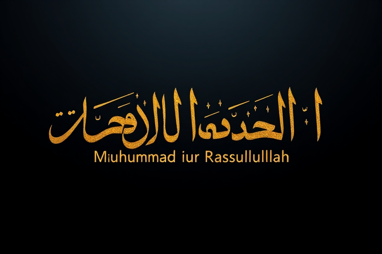 Create an abstract calligraphic design featuring the inscription "La ilaha illallah Muhammadur Rasulullah" in gold on a dark gradient background, using a DSLR camera with a 50mm lens, f/1.8 aperture, ISO 100, 1/125s shutter speed, at eye level for balanced depth and clarity.