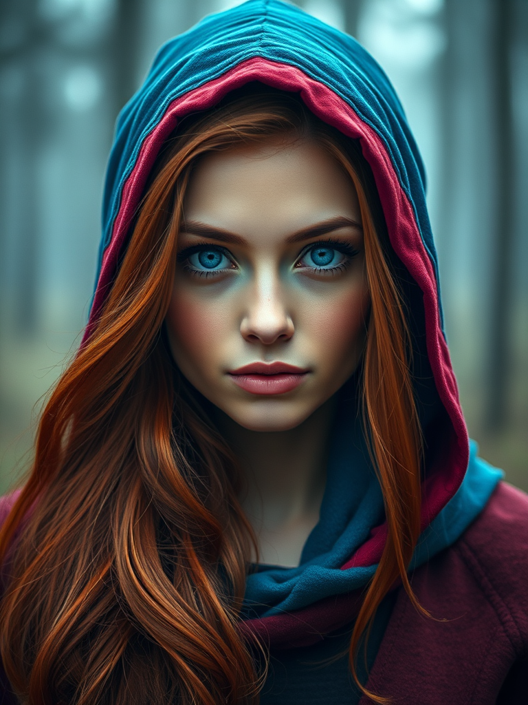Regenerate a portrait of a woman with striking blue eyes and long red hair, wearing an ethereal blue and red hooded cloak in a misty forest; use a Canon EOS R5 camera with an 85mm lens, f/1.4 aperture, ISO 100, and a soft-focus background to enhance depth and color richness.