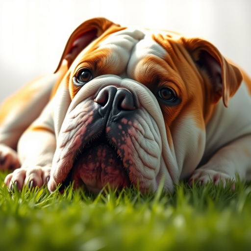Create a highly detailed illustration of a lying bulldog, capturing the textures of its fur, with natural lighting, shot with a DSLR camera at f/2.8 aperture, 50mm lens, and a shallow depth of field to enhance the focus on the dog's facial features.