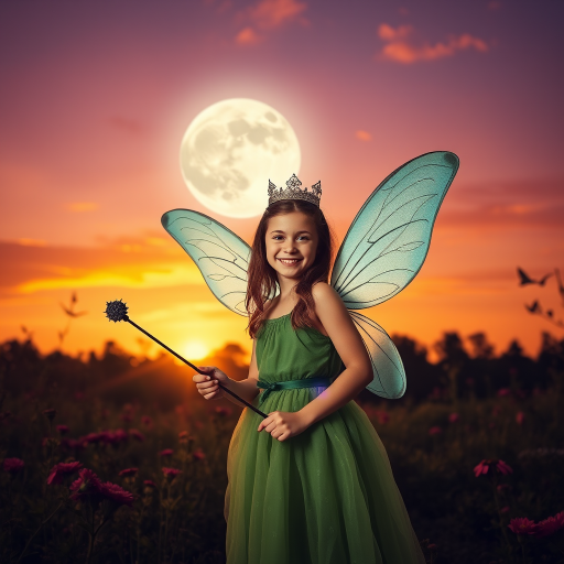 A vivid photo  taken under a bright camera flash of a fantastical scene set against a backdrop of a forest during sunset. The main subject is a girl dressed as a fairy, adorned with translucent wings and a green dress, holding a wand, her face is happy, and she wears a crown on her head. The forest behind her is a blend of flowers, shrubs and trees. The sky is painted in hues of orange and pink, with a large, glowing moon casting a warm glow over the scene. The overall color palette is dominated by earthy tones.