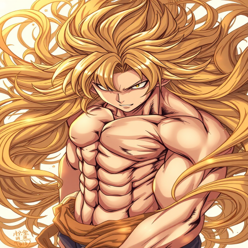 Create a highly detailed digital illustration of a powerful anime character with golden hair and muscular physique, surrounded by intricate flowing patterns in shades of gold and brown, captured with a DSLR camera at 50mm, f/1.8 aperture, ISO 100, in a vibrant color palette and high contrast style.