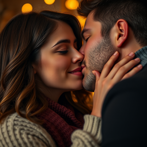Regenerate a romantic close-up image of a couple sharing a kiss, soft lighting, 85mm lens, f/1.8 aperture, ISO 100, shot in low light conditions, using a full-frame DSLR camera, with a shallow depth of field to highlight their expressions and details in their clothing.