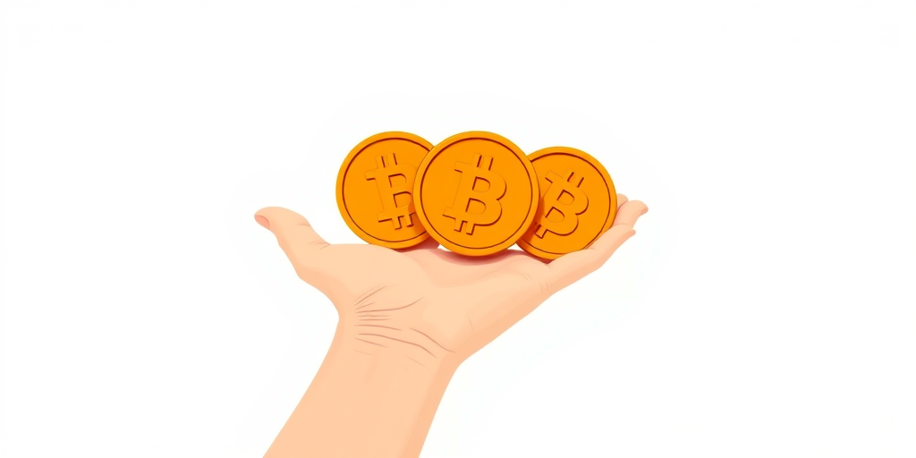 Create a digital illustration of a hand holding three stylized orange coins with a 'D' symbol, focus on a clean white background, use a Canon EOS R5 camera, set aperture to f/4 for depth of field, ISO 100 for clarity, and a 50mm lens for detail enhancement.
