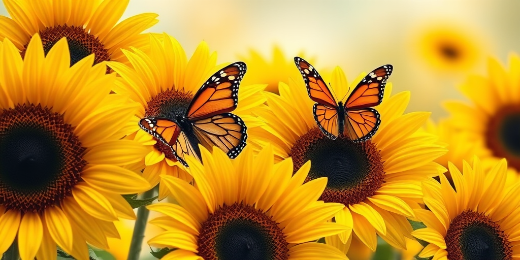 Create an image of vibrant sunflowers with large, colorful butterflies resting on them. The sunflowers should be bright yellow with dark centers, and the butterflies should feature a mix of orange and blue hues. The background should be softly blurred to emphasize the flowers and butterflies, giving a warm, sunny atmosphere.