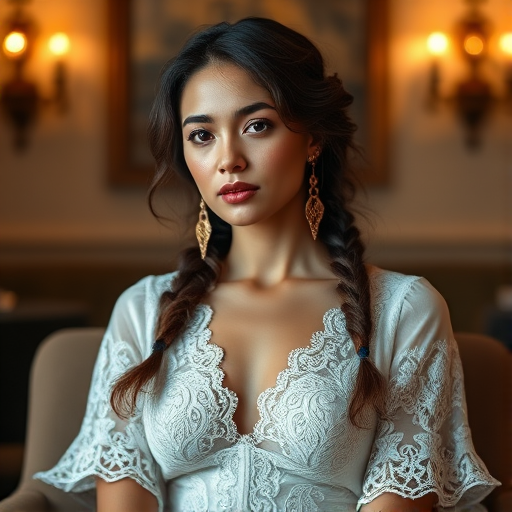 Create a portrait of a refined and elegant woman seated in a sophisticated setting. She has long, wavy hair styled in two thick braids that are pulled over her shoulders. She wears a white, lace gown with intricate patterns, featuring a deep V-neckline and short sleeves. The dress exudes a vintage charm with its delicate lacework. She is adorned with ornate, dangling earrings that add a touch of glamour to her appearance. The background is softly lit, with warm, ambient lighting that creates a cozy and inviting atmosphere. Her expression is poised and serene, capturing a sense of grace and elegance.