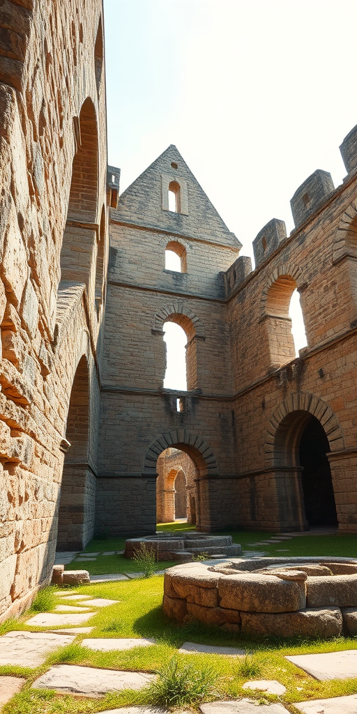 capture a high-resolution image of medieval ruins with intricate stonework under soft natural light, use a wide-angle lens at f/8 to achieve a deep depth of field, set ISO to 100 for clarity, and position the camera at a low angle to emphasize the grandeur of the architecture