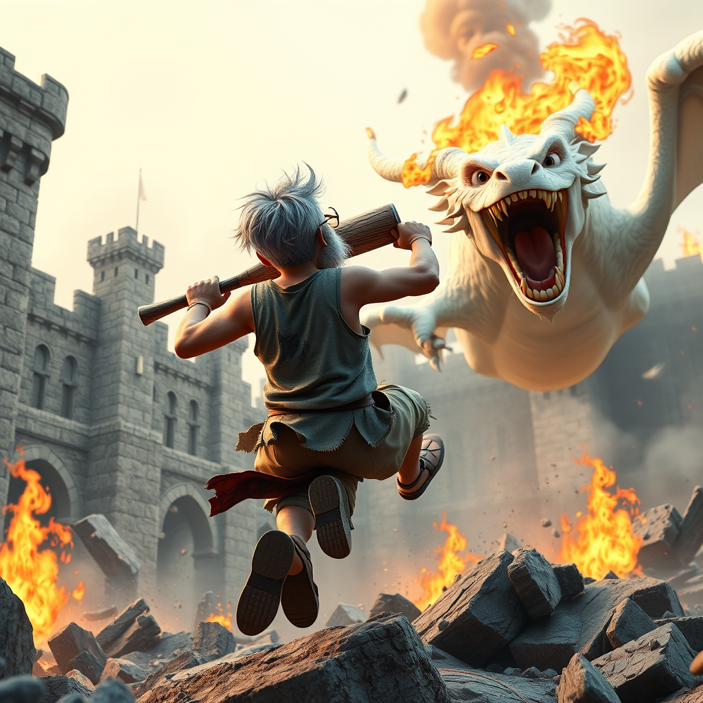 Cartoon 3D High-Resolution,dynamic battle scene using Unreal Engine 5 and Octane Render. The scene features back of an elderly, thai man with a beard,messy hair and round golden-rimmed glasses. He is wearing a tattered tank top with soot marks, shorts, and sandals. sweating. he wields a baseball bat. He jump to fight with a white fire-breathing Europe dragon amidst a partially destroyed stone castle. Include intense flames, smoke, and debris to enhance the dramatic effect.