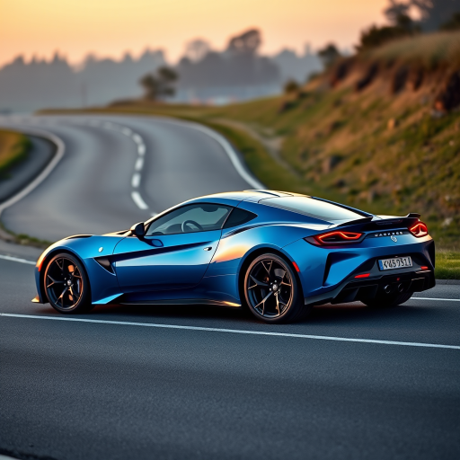 Generate an image of a luxury sports car parked on the side of a road during what appears to be dawn or dusk, given the soft light and shadows. The car should have a sleek design with aerodynamic features, a low-profile stance, and large, alloy wheels. It should display a contemporary color scheme, possibly a unique shade of blue that matches well with the ambient light in the setting. The vehicle's bodywork should gleam, reflecting the surrounding environment, and it should have distinctive lighting accents that enhance its sporty appearance. In the background, there should be a roadside with a grassy embankment on one side and possibly some trees or shrubbery along the edge of the pavement. The overall mood of the image should convey a sense of luxury, speed, and the tranquility of an early morning or late evening drive.