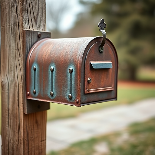 A rustic metal mailbox mounted on a wooden post, photographed from a low angle, with a focal length of 50mm, aperture set to f/2.8 for a shallow depth of field, ISO 100, using a DSLR camera style to enhance clarity and detail.