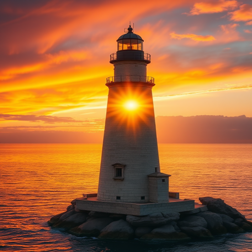 Generate an image of a tall lighthouse perched on a rocky outcrop surrounded by calm ocean waters during a breathtaking sunset. The lighthouse stands sturdy and weathered, its stone surface illuminated by the warm golden light of the setting sun. The sun's rays pass directly through the glass lantern room at the top of the lighthouse, casting a brilliant light across the scene. The sky is painted with vibrant shades of orange, pink, and purple, reflecting off the tranquil sea. The surrounding water shimmers with the same warm hues, creating a serene and majestic atmosphere.